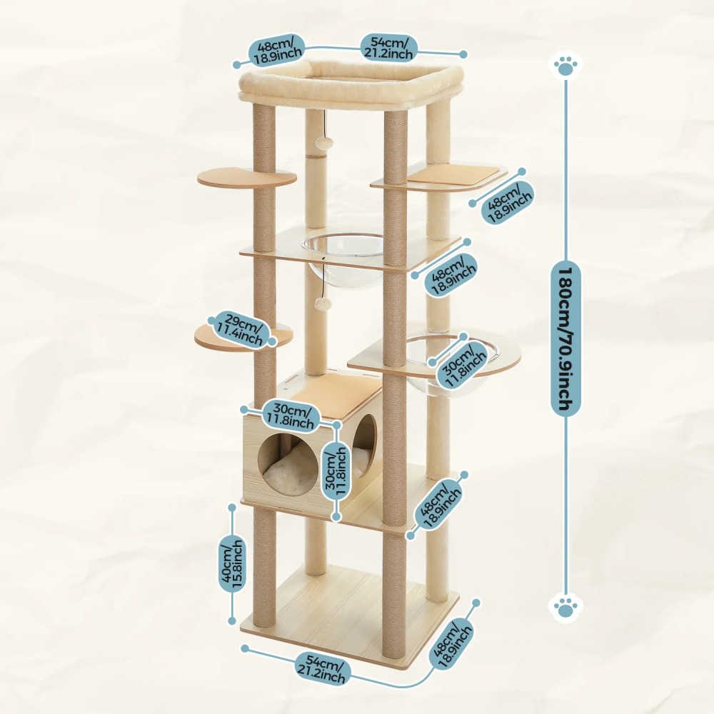 Pefilos 71" Wooden Cat Tree Tower for Multiple Cats, Modern Cat Tree House with Cat Condo for Indoor Cats, Beige - Image 3