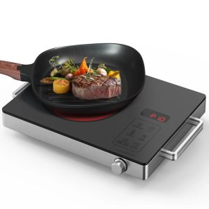 1800W Portable Ceramic Infrared Hot Plate, Stainless Steel Induction Cooker With Double Ring Heating Dual Control 10 Power 3H Timer Electric Cooktop For Cooking