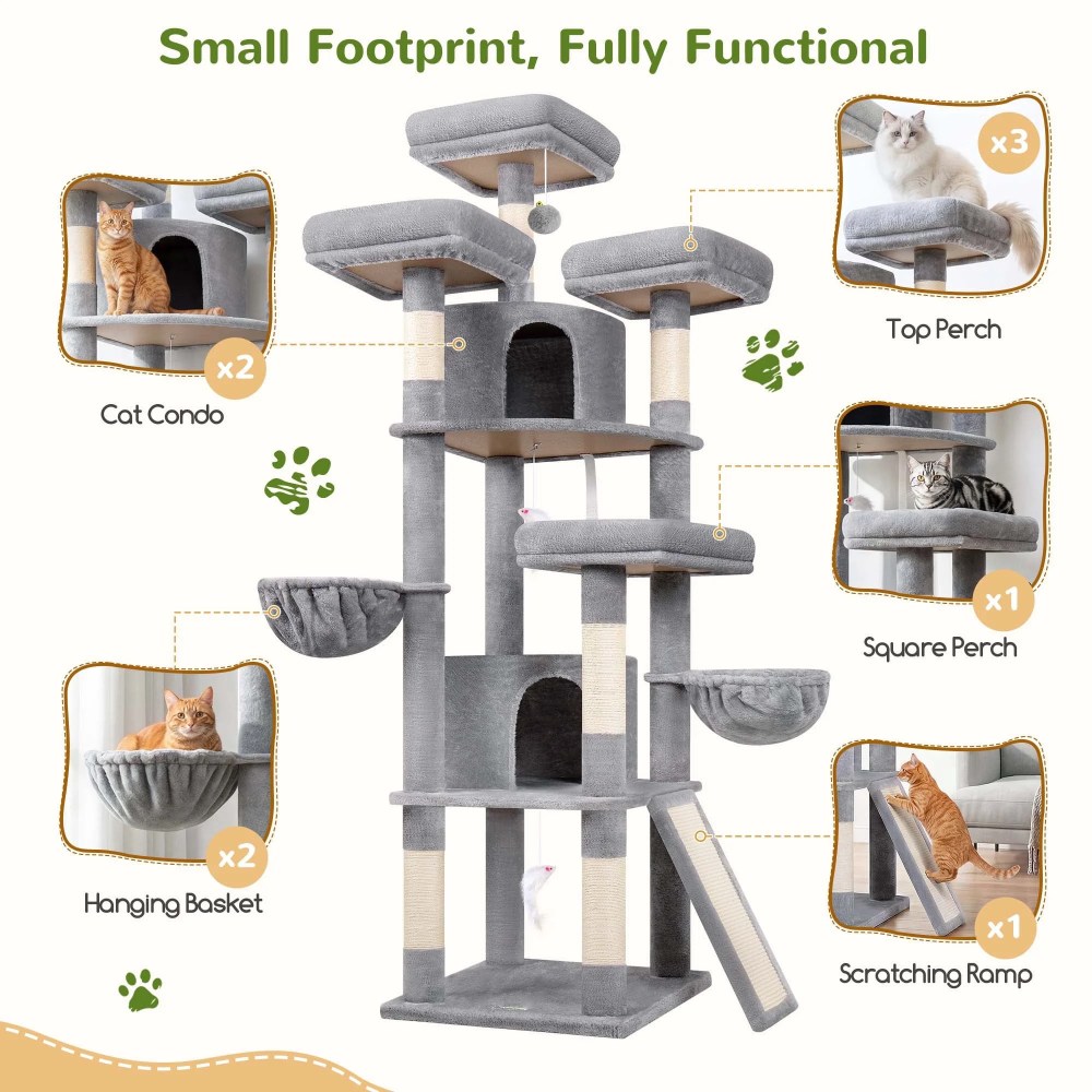 Globlazer 80in Heavy Duty Cat Tree for Large Cats, Multi-Level Cat Furniture Activity Center with 2 Condos, 2 Hammocks, 3 Perches & Sisal Scratching Posts, Light Grey - Image 7