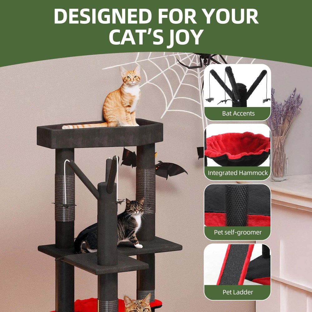 Uforic 60" Gothic Cat Tree Tower with Coffin Bed, Tall Cat Tower with Top Perch, Condos, Basket, Scratcher, Black Halloween - Image 9