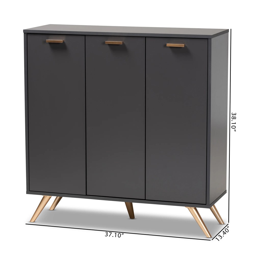 Baxton Studio Kelson Modern and Contemporary Dark Grey and Gold Finished Wood 3-Door Shoe Cabinet - Image 5