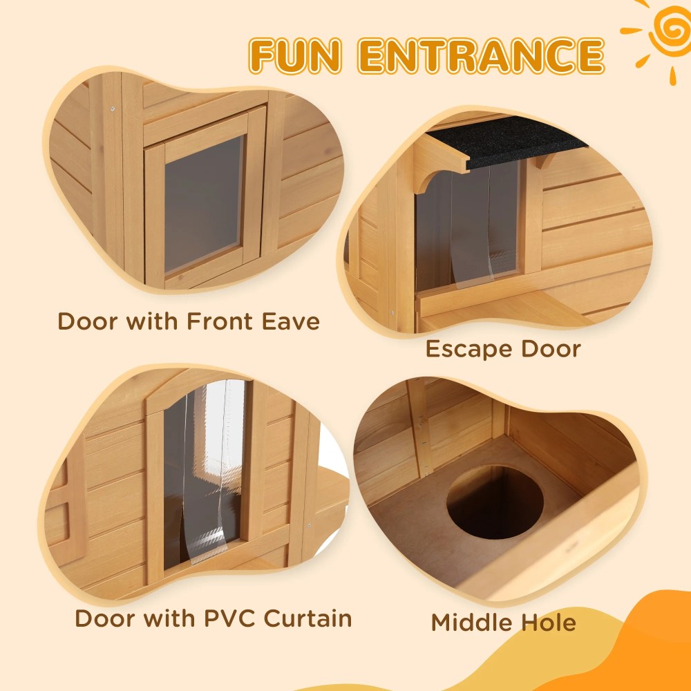 PawHut Outdoor Wooden 2-Story Cat House, Wooden Door, Openable Roof, Jumping Platforms, Natural - Image 3