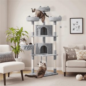 Yaheetech 76"H Multilevel Large Cat Tree with Scratching Post,  Condos & Basket,  Light Gray