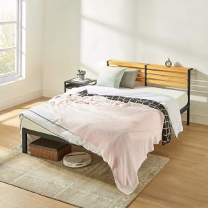 Mellow Kasi Metal Platform Bed with Panel Headboard Shelf, Solid Pine Wood, Black, Queen