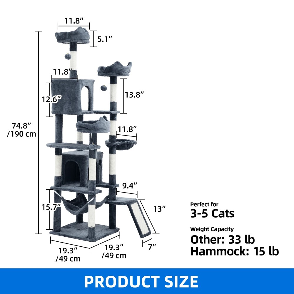 Uforic 75"Large Cat Tree Tower Multi Level Play Tower Condo with Sisal Ramp, Scratching Posts & Cozy Basket Hammocks, Dark Gray - Image 6