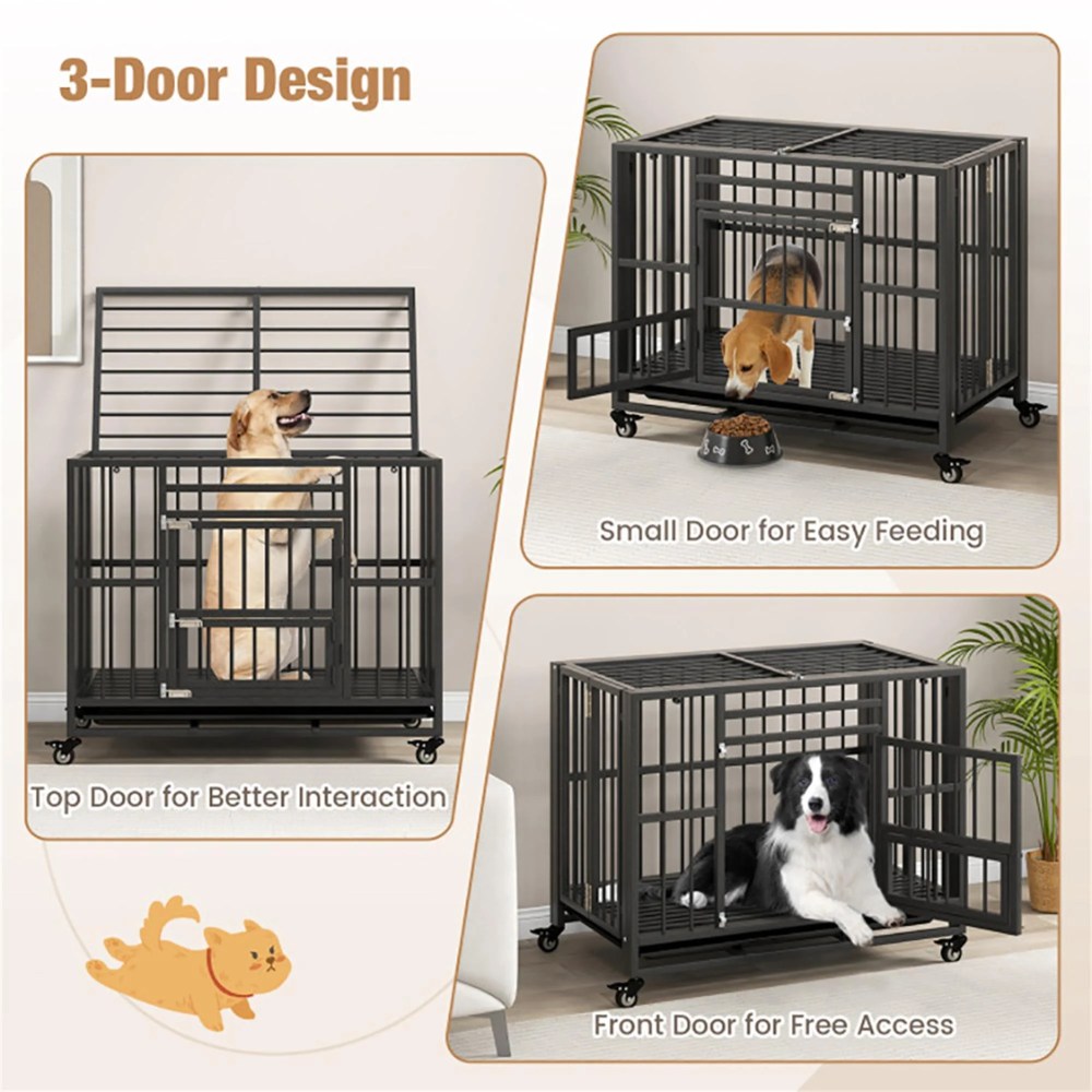 Pefilos 37" Foldable Heavy Duty Dog Cage, Metal Escape Proof Kennel, Chew-proof Dog Crates for Medium Dogs with Tray, Black - Image 4