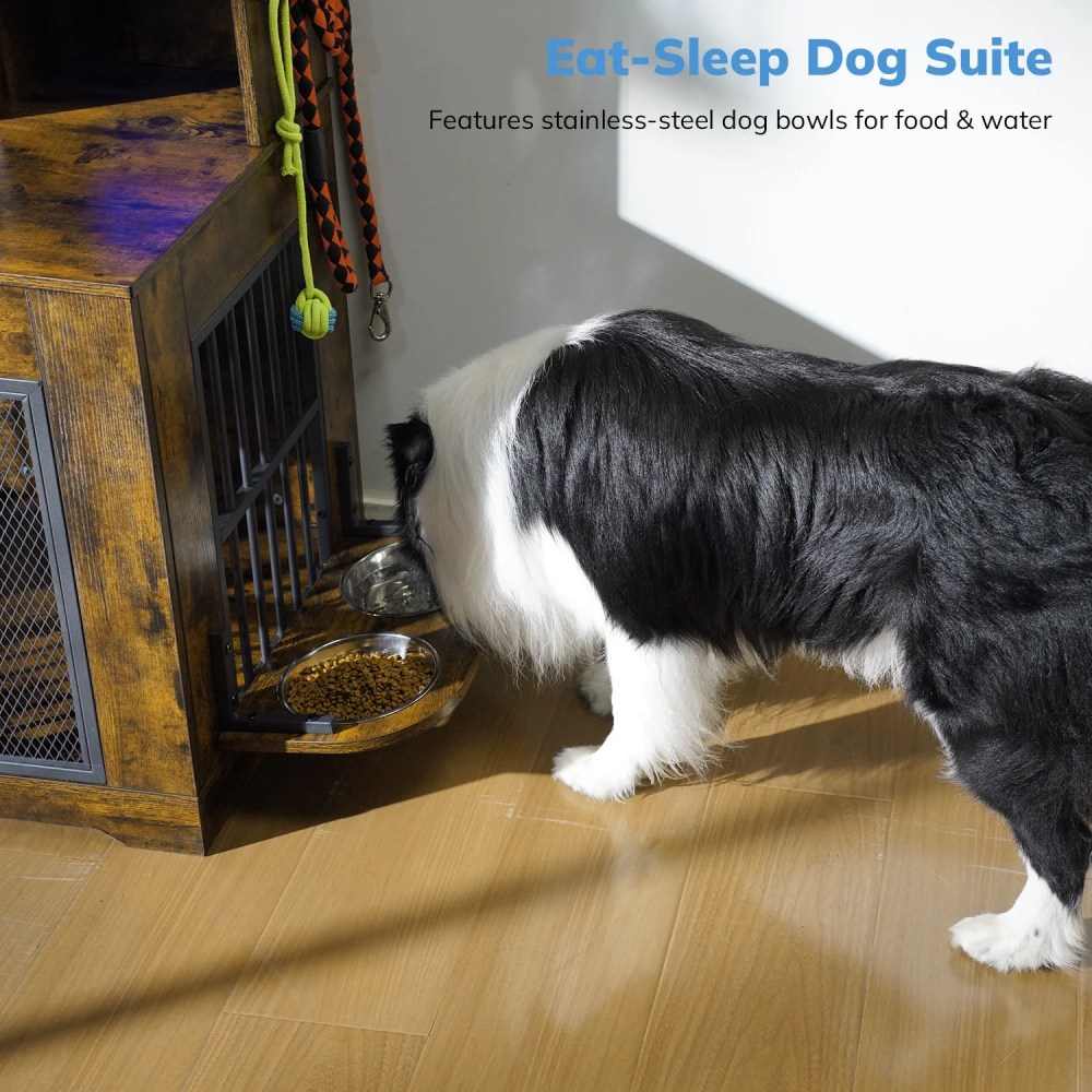 Behost 34" Dog Crate Furniture for Small /Medium Dogs with LED Light Feeding Bowls, Dual-Layer Storage, Decorative Dog Kennel for Indoor , Rustic Brown - Image 2