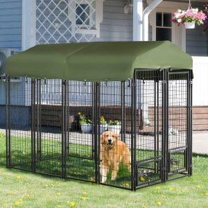 PawHut 8" x 4" x 6" Outdoor Dog Kennel with Rotating Bowl Holders, Walk-in Pet Playpen, Welded Wire Steel with Water and UV-Resistant Canopy, Green