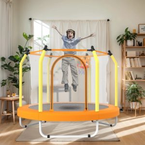 55" Toddler Trampoline with Enclosure Net, SHINPT Mini Trampoline for Kids with Basketball Hoop, Round Recreational Tranpolines for Birthday Gifts, for Boys Girls Aged 3-6, Indoor/Outdoor