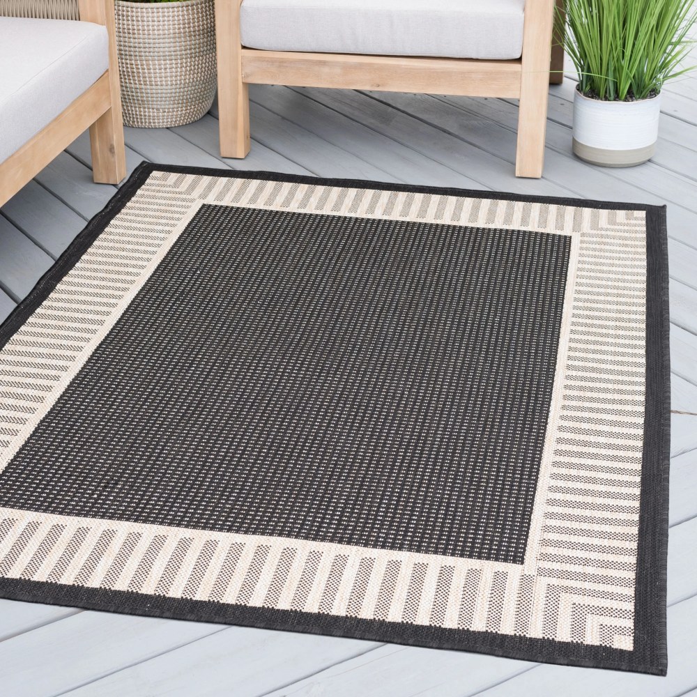58 Water Resistant, Indoor Outdoor Rugs for Patios, Front Door Entry, Entryway, Deck, Porch, Balcony Outside Area Rug for Patio Black, Striped Border Size: 5'3" x 7'3" - Image 5