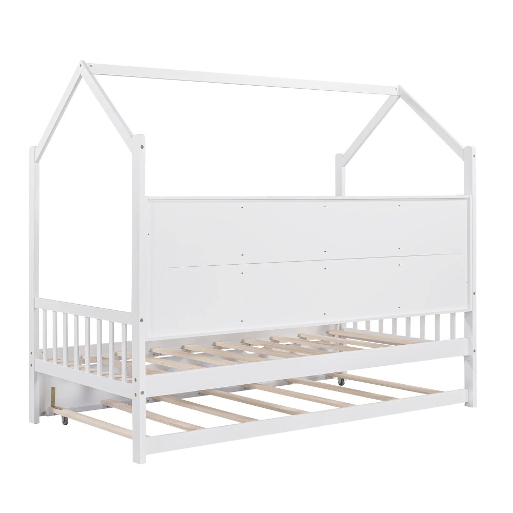 Aukfa House Bed with Trundle, Twin Platform Bed with Storage Shelves and Roof - White - Image 5
