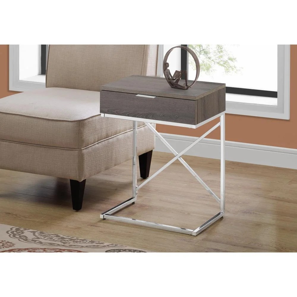 ACCENT END TABLE - 24"H / DARK TAUPE / CHROME METAL WITH DRAWER - Image 5