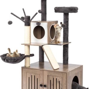VINGLI Cat Tree Tower with Litter Box,  Houses for Indoor Kittens,  53" All-in-1 Wooden Cats Condo,  Cat Tower wih Scratching Posts,  Hidden Cat Washroom Furniture,  Gray
