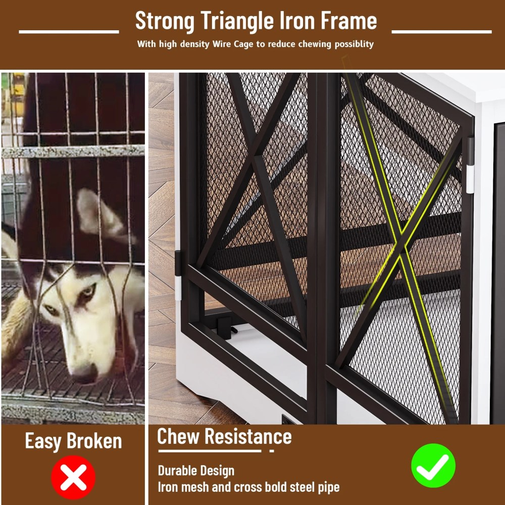 48 inch Extra Large Dog Crate Furniture, Double Door Indoor Kennel, End Side Table Wooden Dog Crates, Anti-Chew Anti-Escape, White - Image 3