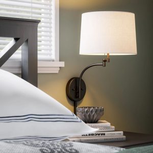 Kenroy Home Seven 20.62" Dimmable 1-Light Swing Arm Wall Sconce with White Fabric Drum Shade Transitional Wall Light Fixture for Living Room,  Bedroom,  or Office,  Oil Rubbed Bronze