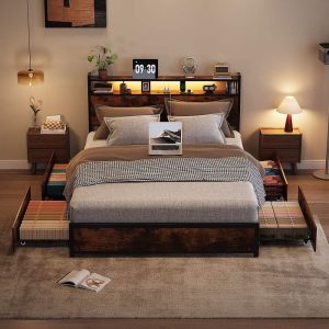 Zimtown Queen Bed Frame with 2-Tier Storage Headboard,Metal Platform Bed Frame with 4 Storage Drawers,Built in Charging Station & LED,Vintage Brown