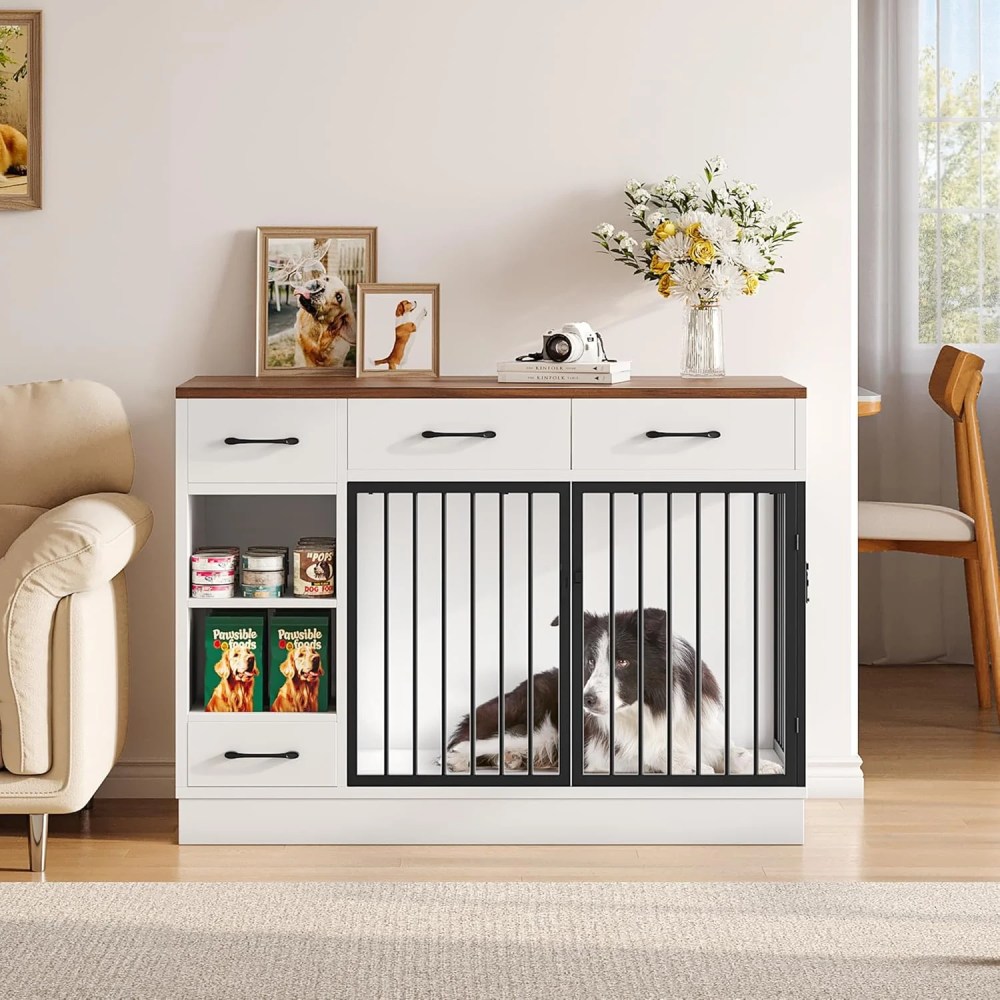 Selooye Large Dog Crate Furniture, Sturdy 2-Door 47.2" Wooden Furniture Style Crate for Dogs with 3 Storage Drawers and Hidden Feeding Bowl - Image 7