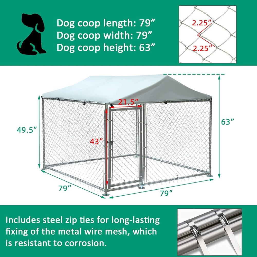 VIVIJASON Outdoor Large Dog Kennel Heavy Duty Fence Dog Cage with Galvanized Chain Link, Outside Pen Playpen Dog Run House with UV & Waterproof Cover and Secure Lock for Backyard - Image 4