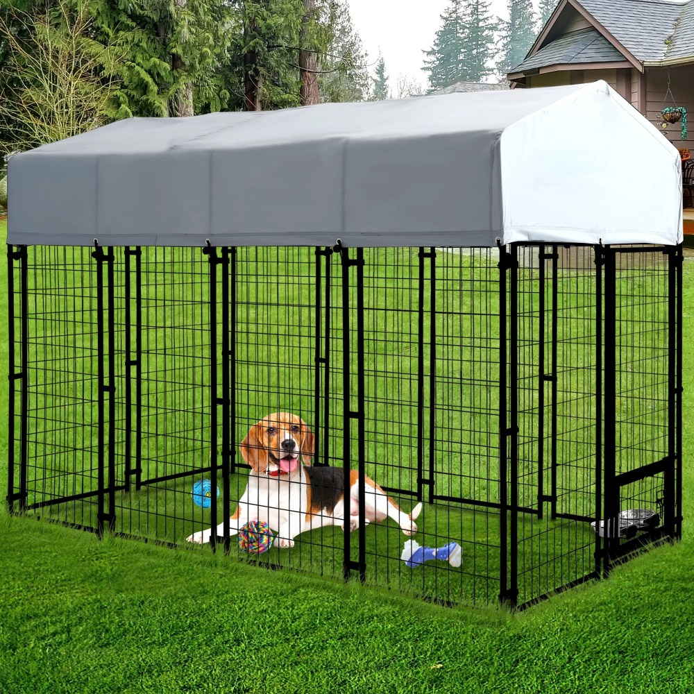 Haverchair Large Outdoor Dog Kennel, Heavy Duty Welded Wire Steel Dog Enclosure Playpen Crate with Waterproof UV-Resistant Roof Cover, Double Lock Dog Kennels Fence with Rotating Feeding Door Bowls - Image 3