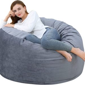 48 Inch Big Huge Giant Bean Bag Chair,Cozy Lazy Sofa with Memory Foam Fillings,Plush Velvet Machine Washable Cover for Adults/Kids,Grey
