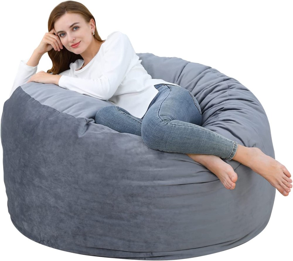 48 Inch Big Huge Giant Bean Bag Chair,Cozy Lazy Sofa with Memory Foam Fillings,Plush Velvet Machine Washable Cover for Adults/Kids,Grey