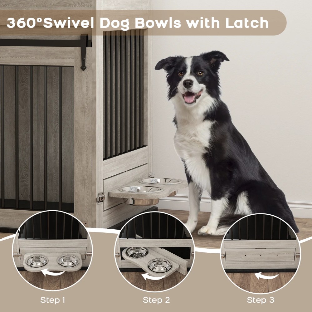 WHIFEA Modern Wooden Dog Crate Furniture with Sliding Barn Door & Side Access, Rotating Feeder Kennel for Medium-Large Dogs, Farmhouse Style, Grey - Image 9