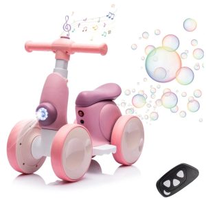 6V Electric Baby Balance Bike with Bubble Machine, 4 in 1 Toddler Balance Bike w/Remote for 1 Year Old Boys Girls Kids Ride on Toys w/Powered Motor, LED Lights (Purple)