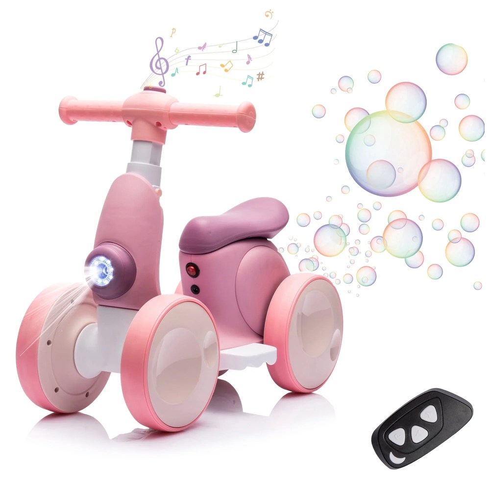6V Electric Baby Balance Bike with Bubble Machine, 4 in 1 Toddler Balance Bike w/Remote for 1 Year Old Boys Girls Kids Ride on Toys w/Powered Motor, LED Lights (Purple)