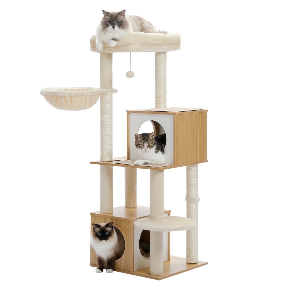Pefilos 51" Wooden Cat Trees Towers for Large Cats with Cat Scratching Post and Removable Soft Perches Modern Cat Condo for Indoor, Beige - Image 2