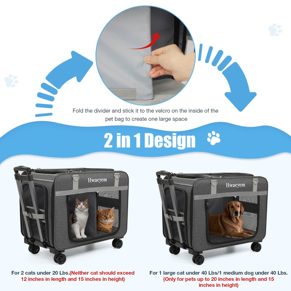Extra Large Pet Cat Carrier with Wheels, Pet Carrier for 2 Cats or Medium Dog, 24" X 15" X 17" Portable Dog Cat Crate for Large Cat, Support up to 40 Lbs, Grey - Image 6