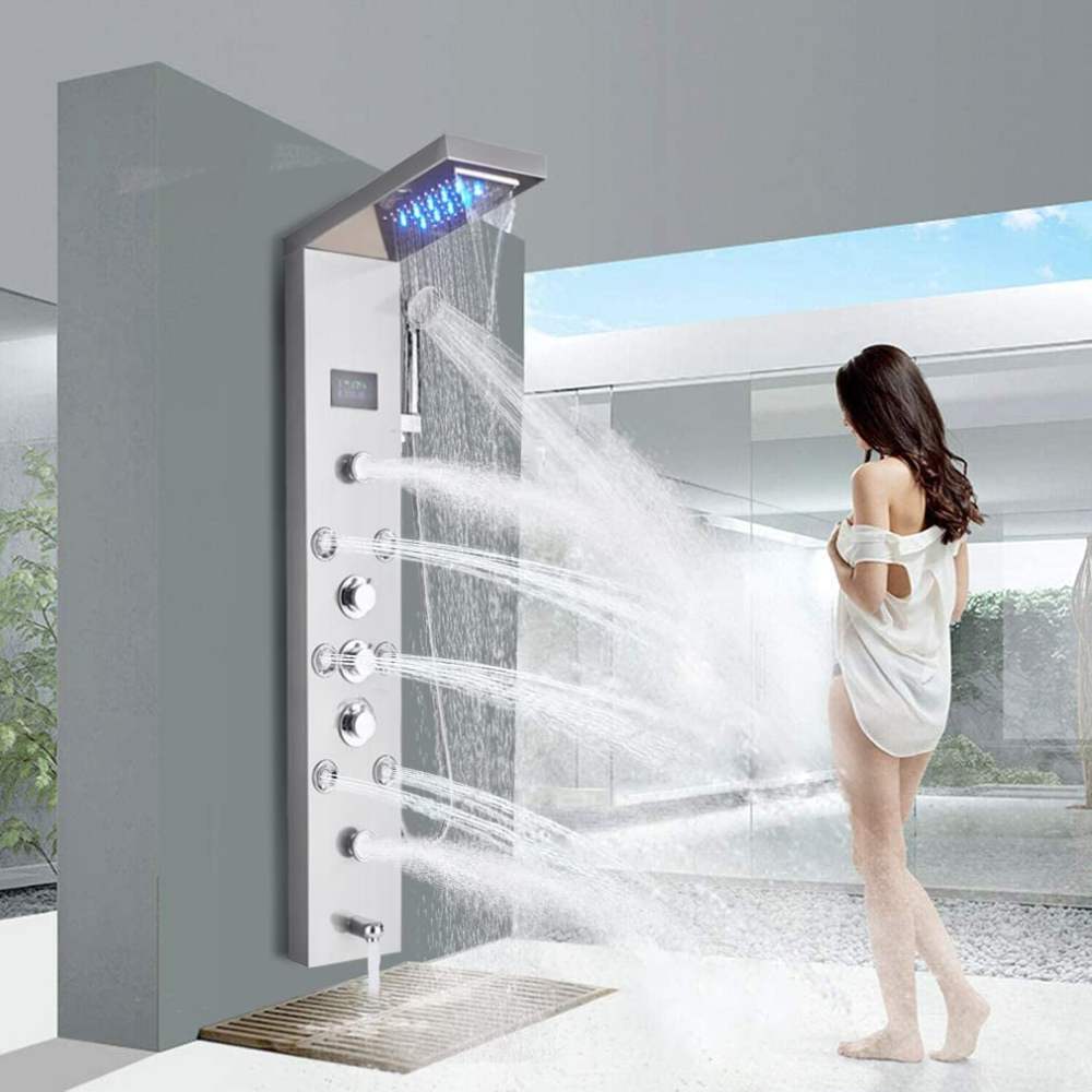 Zovajonia LED Shower Panel Tower System ,6-Functions Stainless Steel Shower Tower , Waterfall Showerhead, Shower Jets,Rain Shower System Brushed Nickel