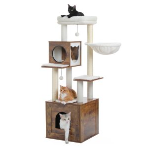 PEQULTI 57.5" Wood Cat Tree with Litter Box Large Cat Tower Indoor with Sisal Scratching Post Brown