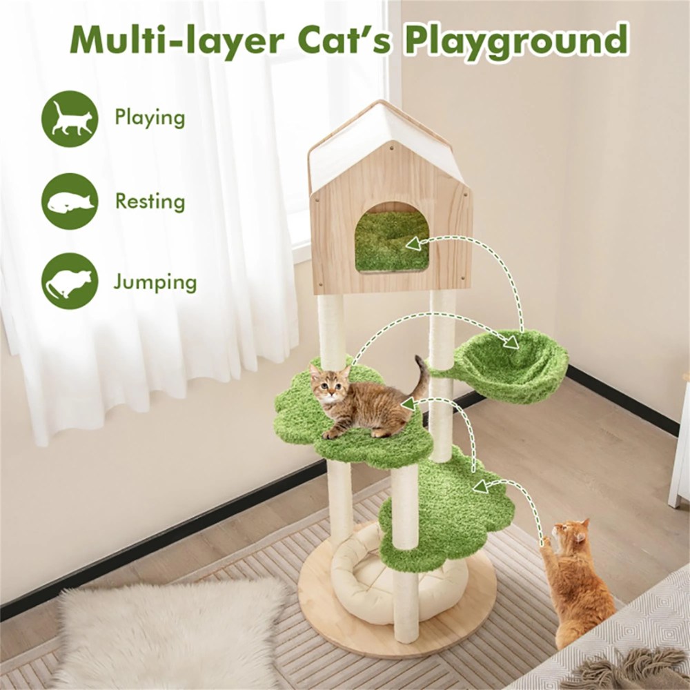 Pefilos 55" Cat Tree Condo for Multiple Cats Furniture Cat Tree House for Outdoor Cat Tower for Indoor Cats Large Pet Club, Beige - Image 5