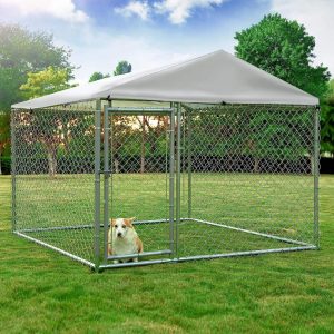 Outdoor Large Dog Kennel,  Heavy Duty Dog Cage Pet House Galvanized Steel Fence Dog Playpen Puppy Exercise Pen Dog Run Cage w/UV & Waterproof Cover and Secure Lock (6.5'Lx6.5'Wx5.2'H)