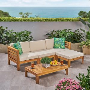 Noble House Cambridge Outdoor 5-Pc Acacia Wood Sofa Set Teak and Beige