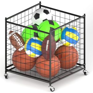 Ztysn Basketball Volleyball Metal Storage Rack Cage Organizer, 22.83" Ball Cart With Wheels Garage Sport Equipment Holder For Indoor Outdoor Playgroup, Club, School