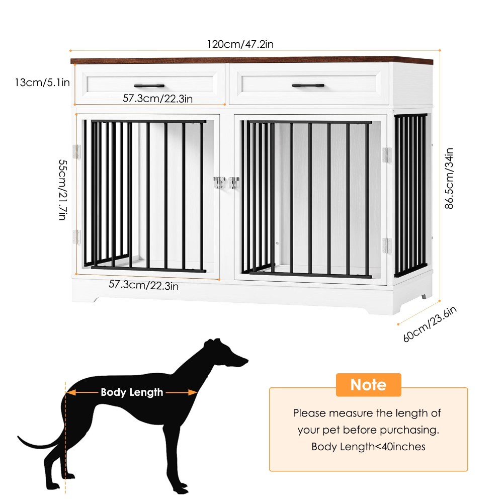 Homfa Dog Crate Furniture with 2 Drawers, 47.2 in Wooden Indoor Dog Cage Table with Divider, White - Image 8