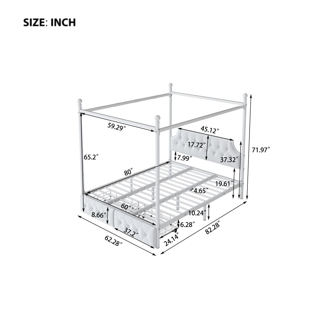 Euroco Wood Queen Size Canopy Platform Bed with Four Support Legs and 2 Drawers for Kids Teens Adults, White - Image 7