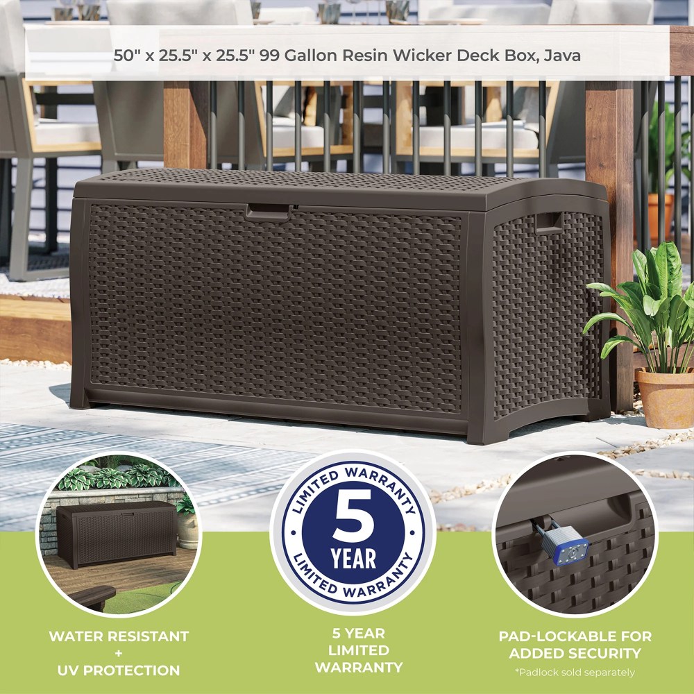 Suncast Resin 99-Gal Capacity Deck Box, Patio, Mocha Brown, DBW9200 52 in D x 27.5 in H x 27.6 in W - Image 7