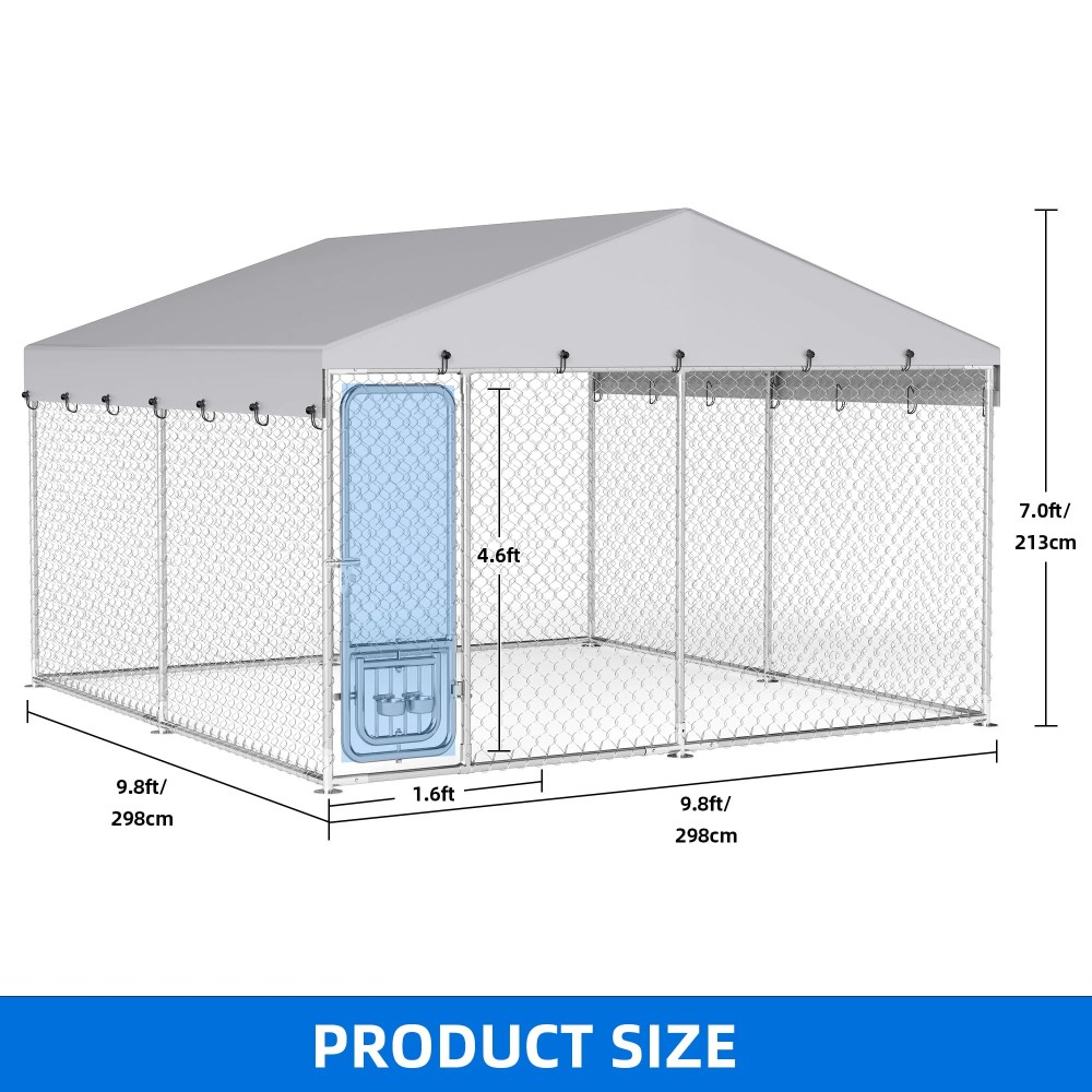 Dextrus 10'x10" Large Outdoor Dog Kennel, Outdoor Dog Enclosure with Rotating Feeder Bowls & Roof, Heavy Duty Dog Kennel for Backyard Farm - Image 9