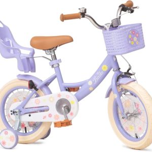ACEGER 14 Inch Girls Bike with Basket, Training Wheels, Doll Seat, Purple Kids Bicycle for Ages 3-5