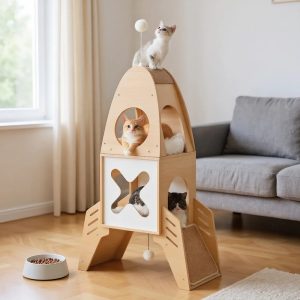 Pefilos 43" Multi-Level Cat Tower for Indoor,  Cat Tree Rocket Shape Condo for Multiple Cats with 2 Condos,  Dangling Balls,  Attic Perch,  Beige