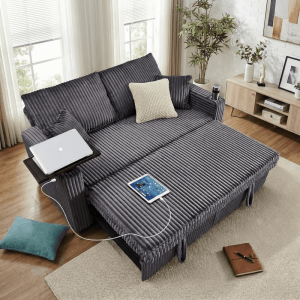 65in Sleeper Sofa Bed,3 in 1 Convertible Pull Out Couch with Small Table,USB Ports,Cup Holders & 5-Level Adjustable Backrest,Corduroy Loveseat Sofa for Living Room,Bedroom,Apartment (Gray)