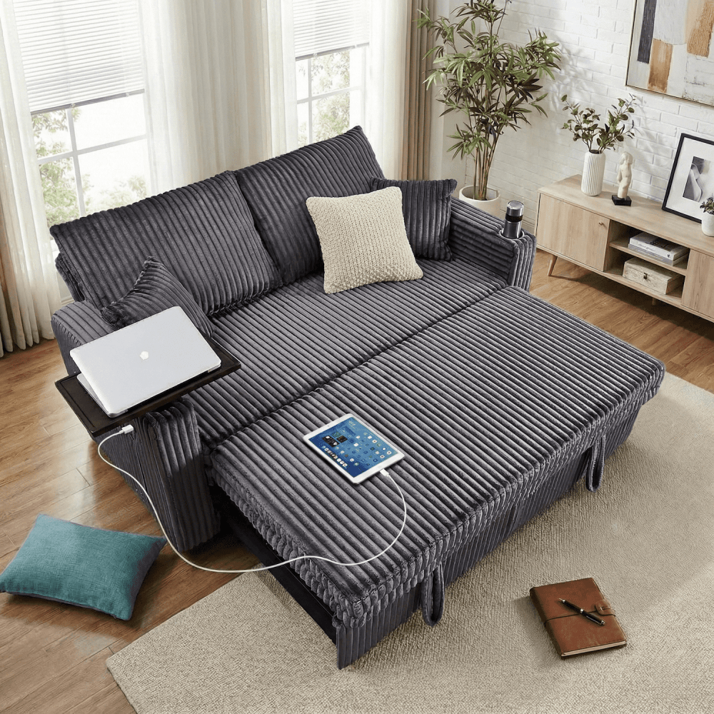 65in Sleeper Sofa Bed,3 in 1 Convertible Pull Out Couch with Small Table,USB Ports,Cup Holders & 5-Level Adjustable Backrest,Corduroy Loveseat Sofa for Living Room,Bedroom,Apartment (Gray)