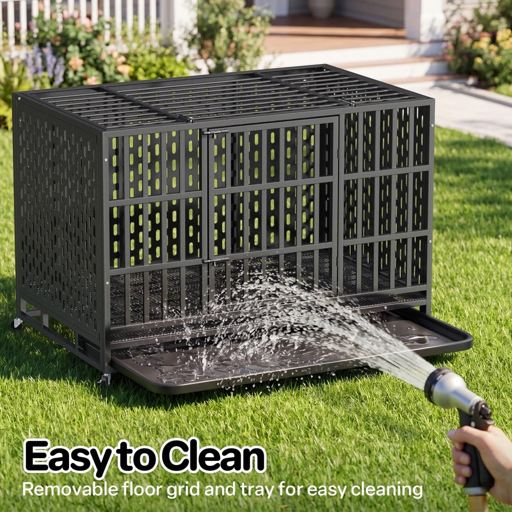 YOKWOK 48 Inch Heavy Duty Indestructible Dog Crate Cage, Chew Proof & Escape-Proof XL Kennel for High Anxiety Large Dogs, with Locking Wheels and Removable Tray for Indoor & Outdoor Use, Black - Image 10