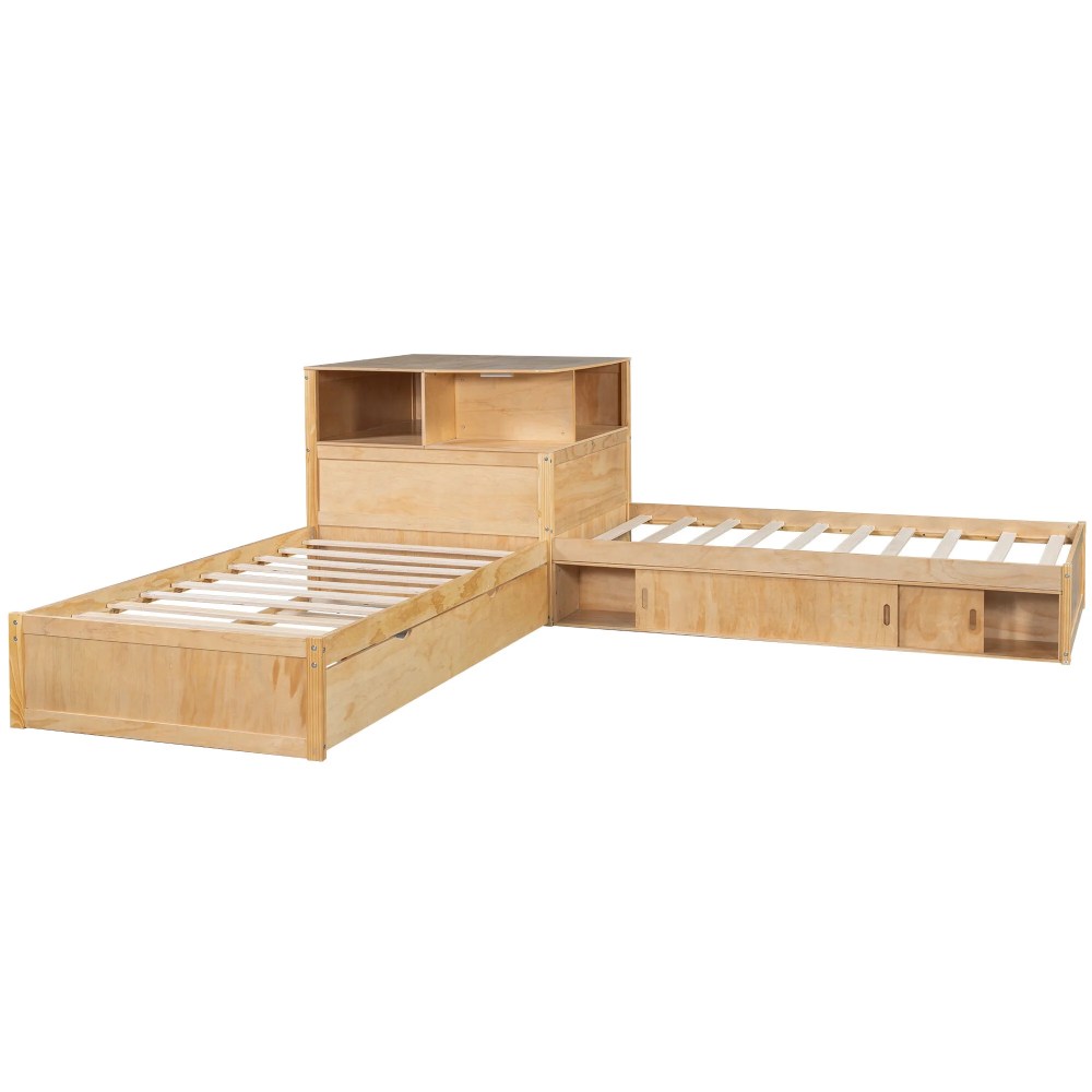 Euroco Pine Wood L-Shaped Twin Platform Bed with Storage Desk, Cabinets, Trundle and LED Light for Kids Teens, Natural - Image 4