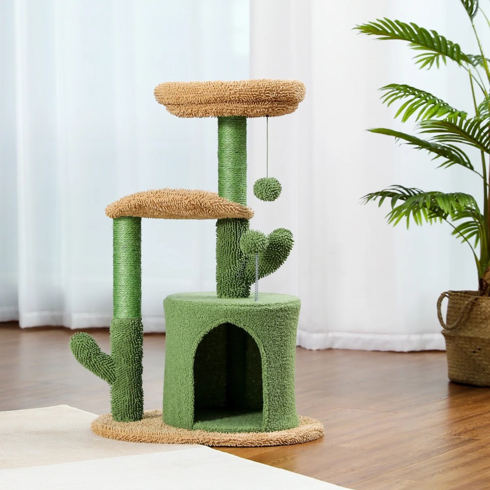 Pefilos Cactus Cat Tree Bed Plush Perches with Fluffy Balls and Scratching Post