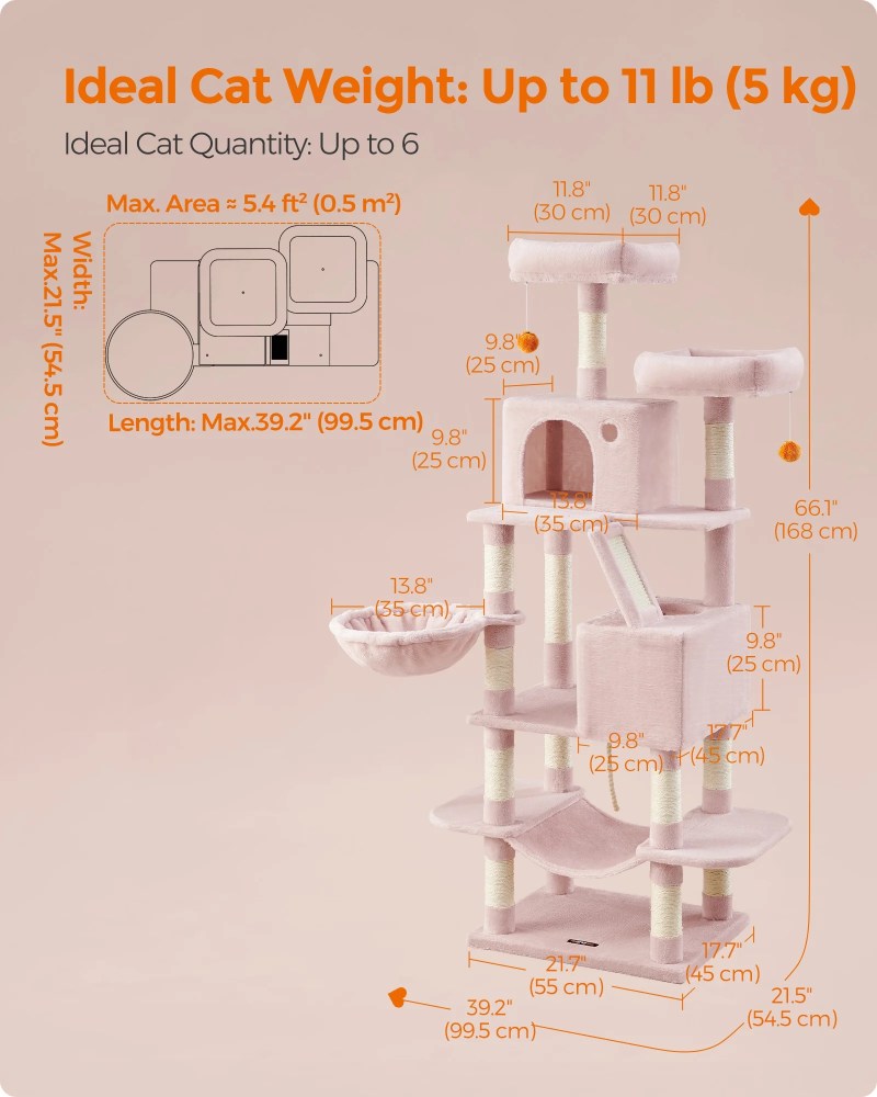 66.1"H Cat Tree Cat Tower for Indoor Cats, Plush Multi-Level Cat Condo with Scratching Posts, Perches, Caves, Hammock, Jelly Pink - Image 7