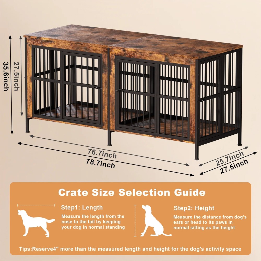 YOKWOK 78 Inch Dog Crate Furniture for Large Dogs with Sturdy Removable Divider, Extra Large Double Doors Dog Kennel Furniture, Thick Wooden Dog cage Furniture, Brown - Image 2