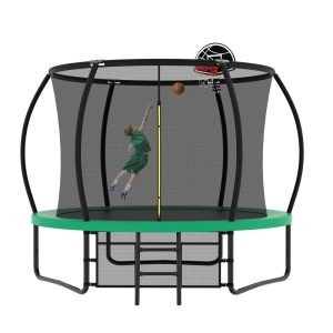 10FT Trampoline, Outdoor Recreational Trampolines with Safety Enclosure Net & Ladder, Pumpkin Trampoline for Kids, Green